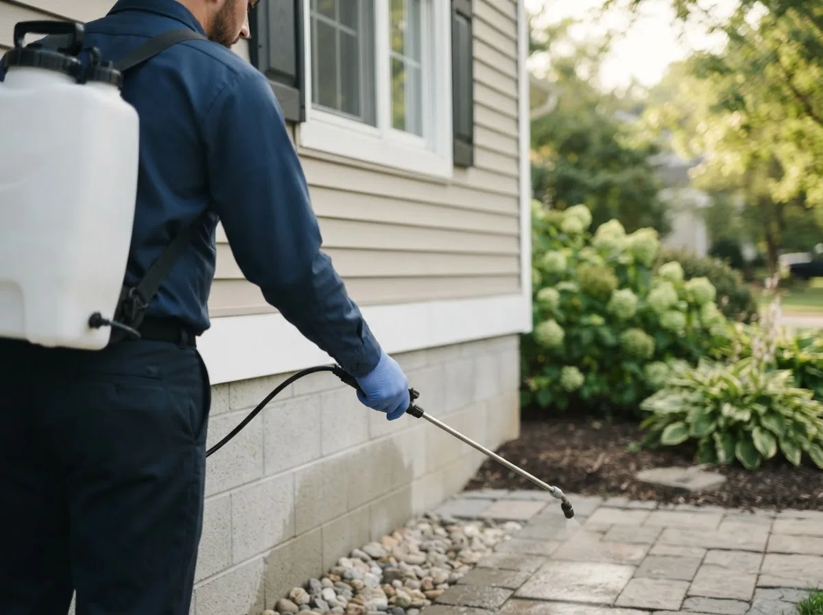 Pest control technician inspecting a home in Onawa, IA